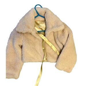 Size 4 Kids cropped Cream Faux Fur Jacket with gold ribbon closure